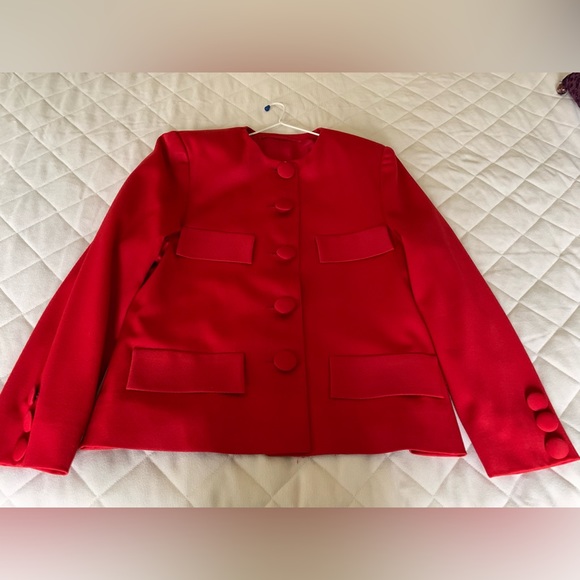 Bright red custom tailored classic chique blazer jacket collarless button-down L - Picture 9 of 13